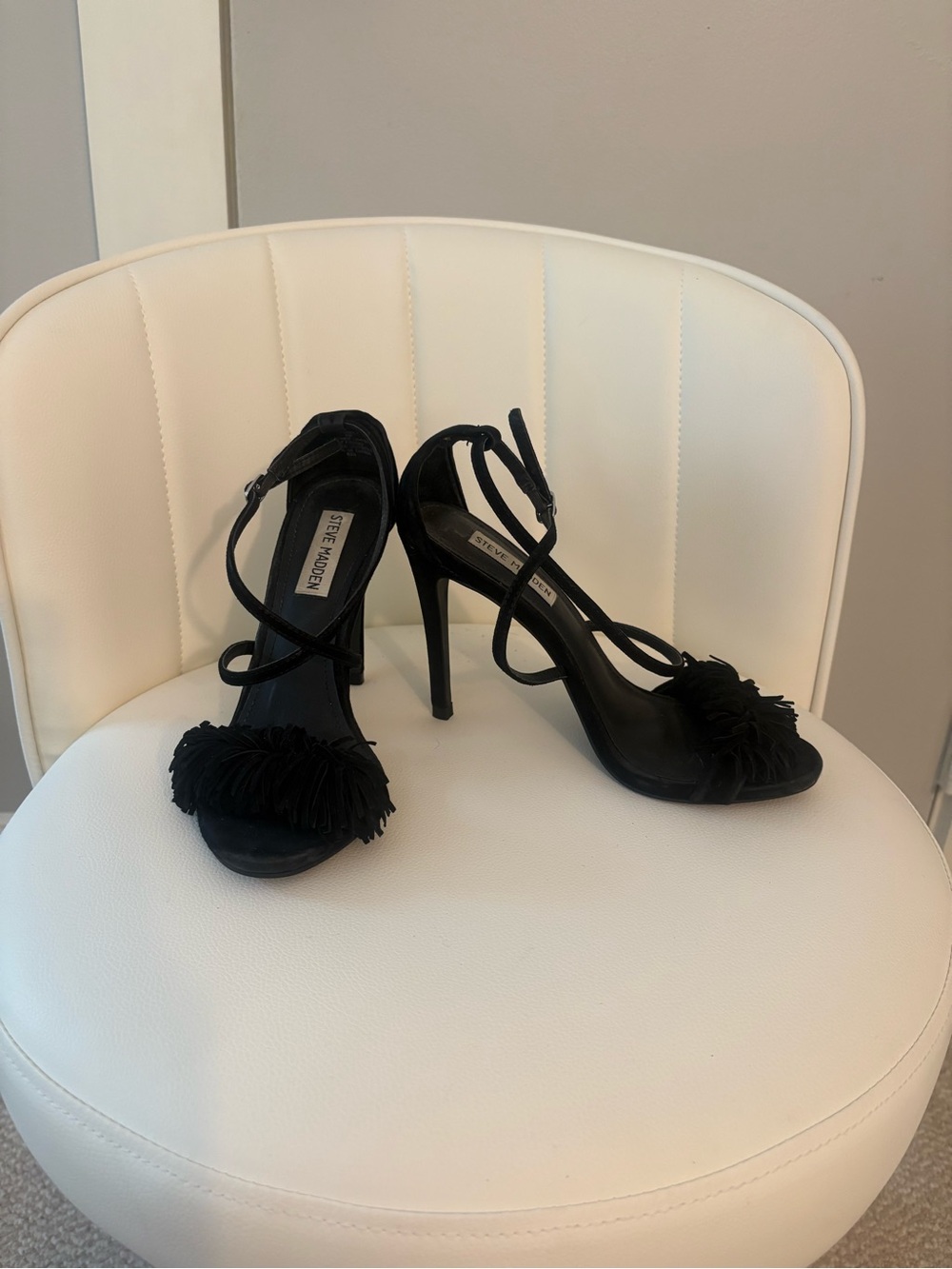 Steve Madden Black Fringe Strappy Stiletto Heels
